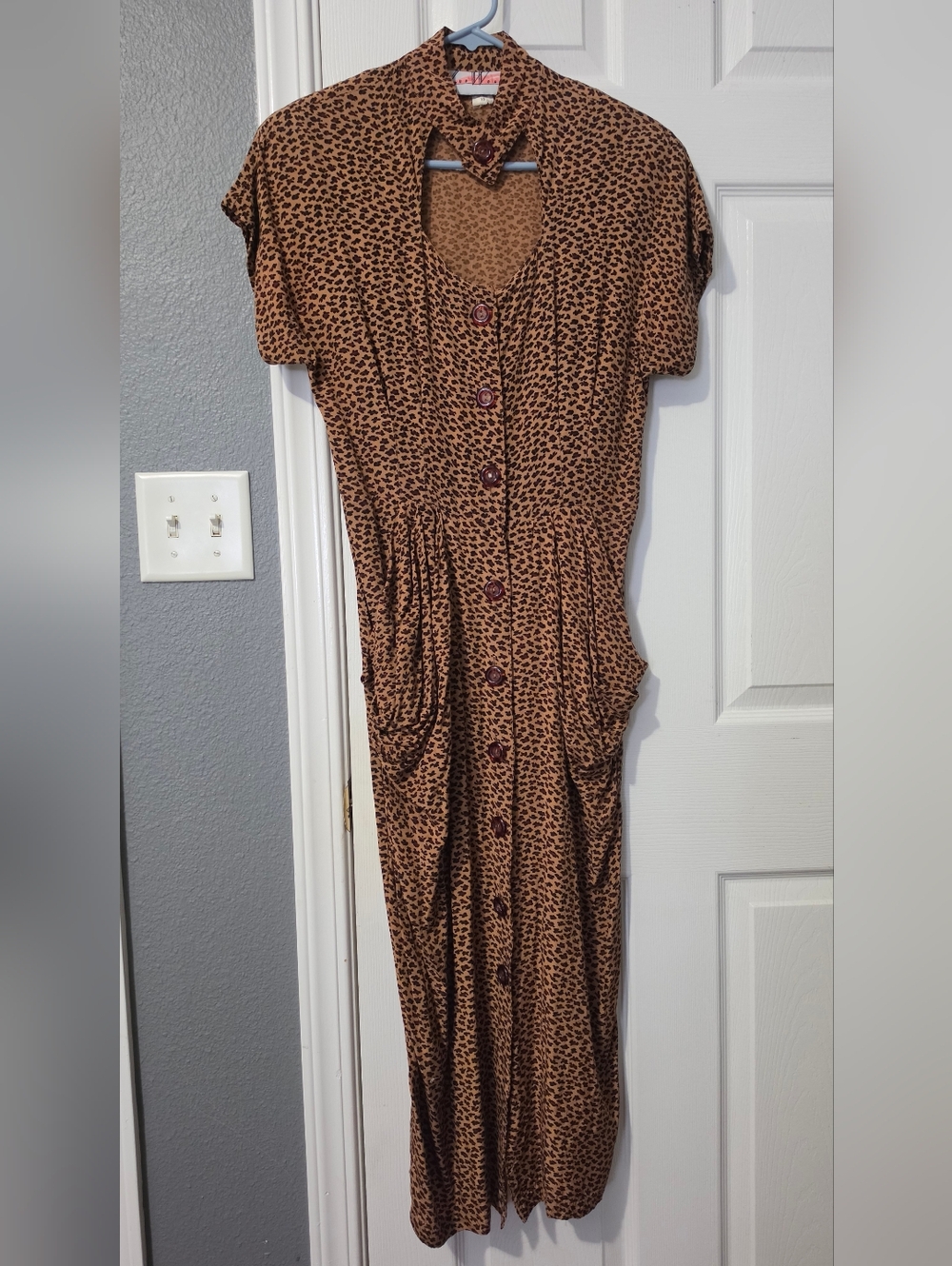 Button-Front Brown Animal Print Maxi Dress